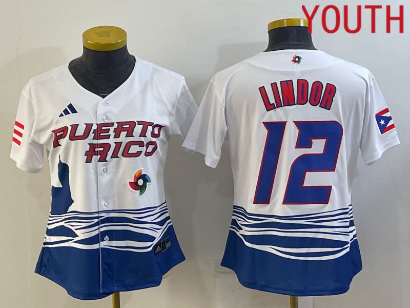 Youth 2023 World Cub Puerto Rico 12 Lindor White MLB Jersey2